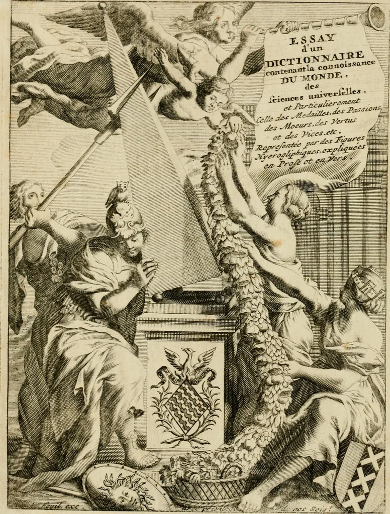 An illustration from Essay d'un dictionnaire contenant la connoissance du monde, des sciences universelles, et particulierement celle des medailles, des passions, des moeurs, des vertus et des vices, &c. : representé par des figures hyerogliphiques, expliquèes en prose & en vers, 1700, leaf 7