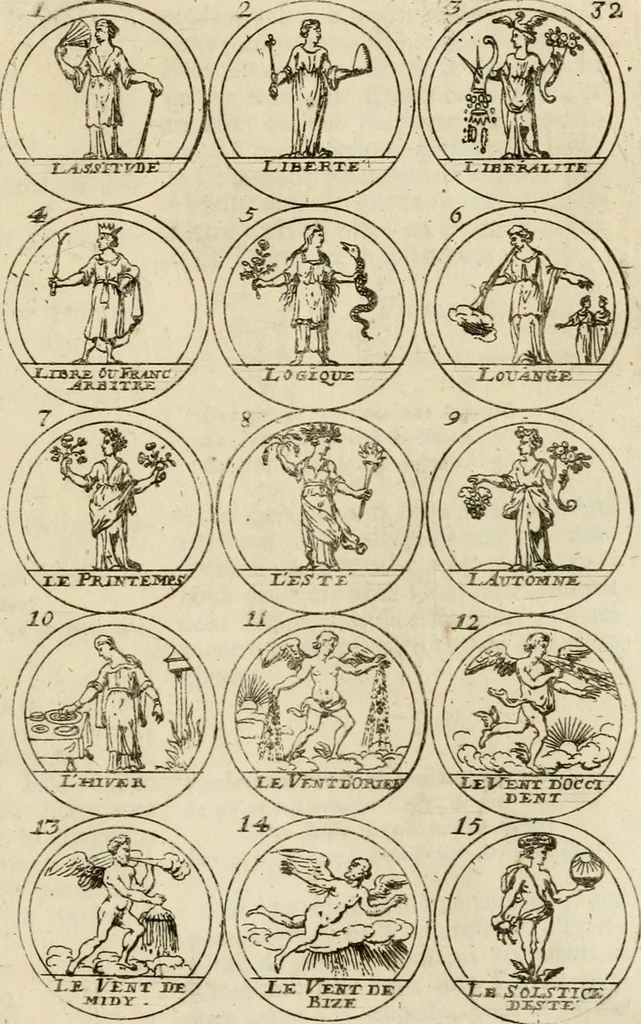 An illustration from Essay d'un dictionnaire contenant la connoissance du monde, des sciences universelles, et particulierement celle des medailles, des passions, des moeurs, des vertus et des vices, &c. : representé par des figures hyerogliphiques, expliquèes en prose & en vers, 1700, leaf 70