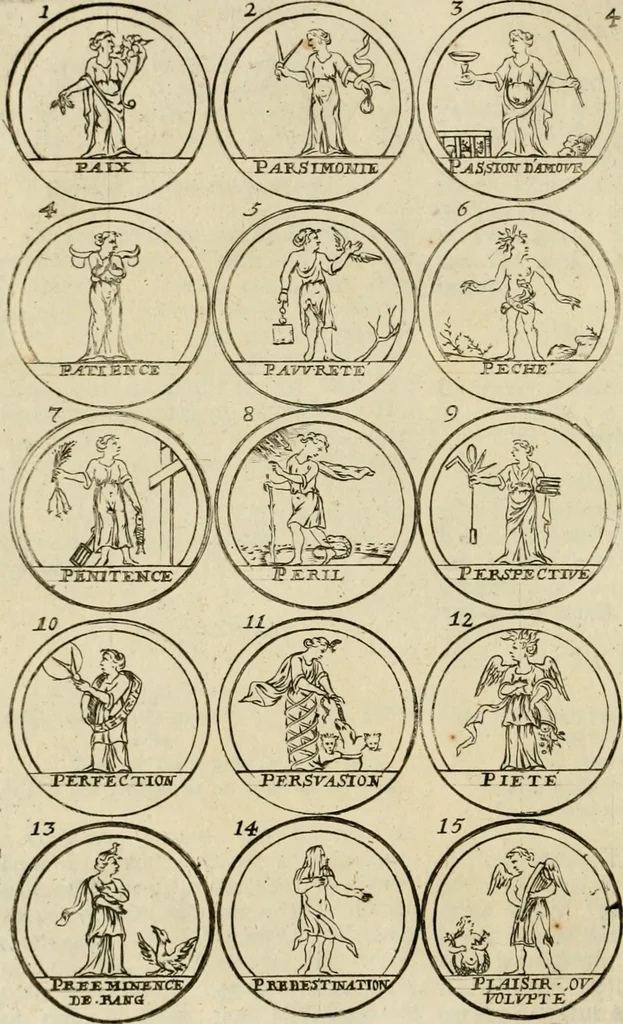 An illustration from Essay d'un dictionnaire contenant la connoissance du monde, des sciences universelles, et particulierement celle des medailles, des passions, des moeurs, des vertus et des vices, &c. : representé par des figures hyerogliphiques, expliquèes en prose & en vers, 1700, leaf 85