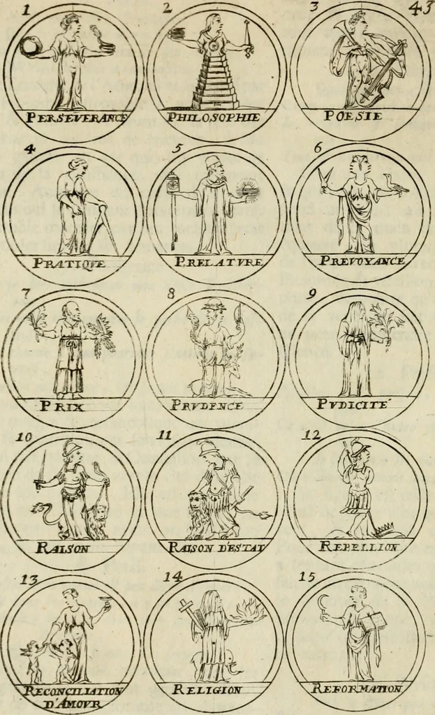 An illustration from Essay d'un dictionnaire contenant la connoissance du monde, des sciences universelles, et particulierement celle des medailles, des passions, des moeurs, des vertus et des vices, &c. : representé par des figures hyerogliphiques, expliquèes en prose & en vers, 1700, leaf 89