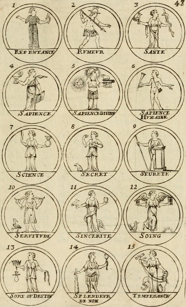 An illustration from Essay d'un dictionnaire contenant la connoissance du monde, des sciences universelles, et particulierement celle des medailles, des passions, des moeurs, des vertus et des vices, &c. : representé par des figures hyerogliphiques, expliquèes en prose & en vers, 1700, leaf 94