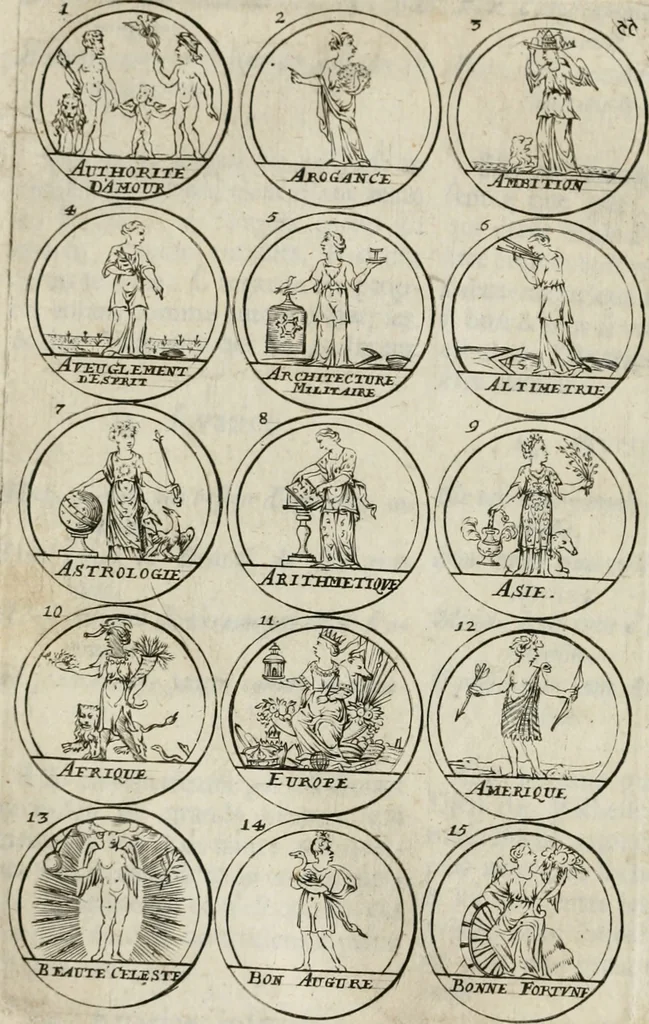 An illustration from Essay d'un dictionnaire contenant la connoissance du monde, des sciences universelles, et particulierement celle des medailles, des passions, des moeurs, des vertus et des vices, &c. ; representé par des figures hyerogliphiques, expliquées en prose & en vers, 1700, leaf 103