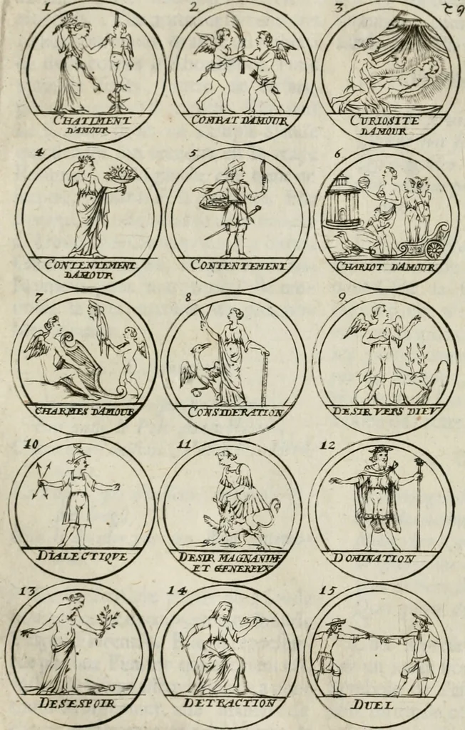 An illustration from Essay d'un dictionnaire contenant la connoissance du monde, des sciences universelles, et particulierement celle des medailles, des passions, des moeurs, des vertus et des vices, &c. ; representé par des figures hyerogliphiques, expliquées en prose & en vers, 1700, leaf 109
