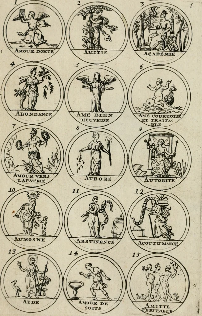 An illustration from Essay d'un dictionnaire contenant la connoissance du monde, des sciences universelles, et particulierement celle des medailles, des passions, des moeurs, des vertus et des vices, &c. ; representé par des figures hyerogliphiques, expliquées en prose & en vers, 1700, leaf 11
