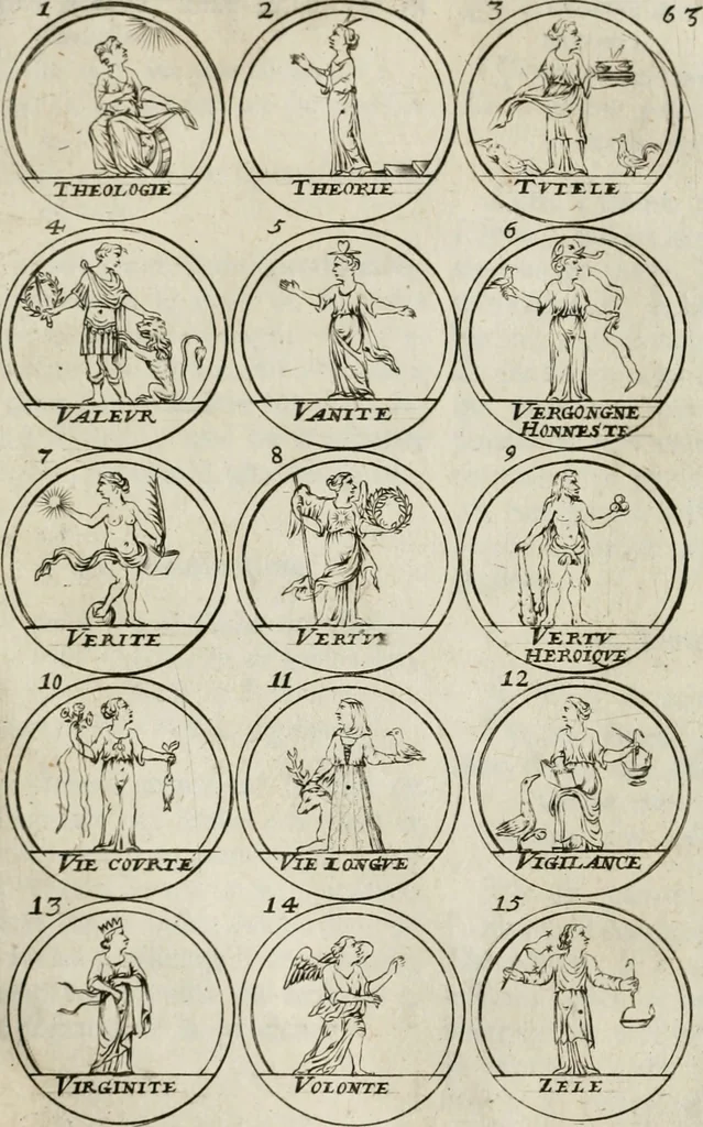 An illustration from Essay d'un dictionnaire contenant la connoissance du monde, des sciences universelles, et particulierement celle des medailles, des passions, des moeurs, des vertus et des vices, &c. ; representé par des figures hyerogliphiques, expliquées en prose & en vers, 1700, leaf 115