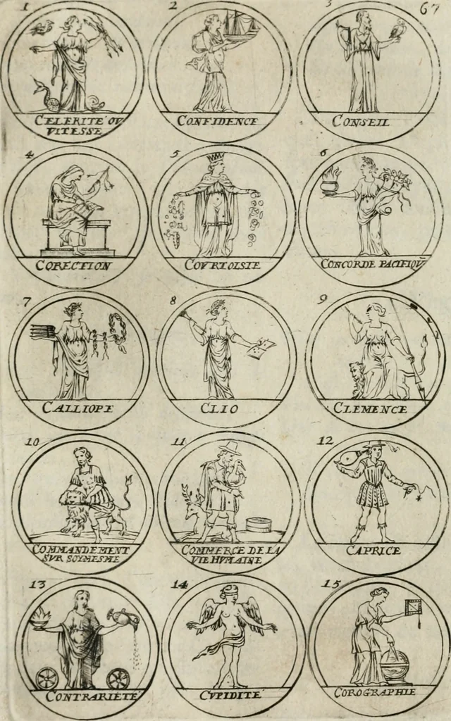 An illustration from Essay d'un dictionnaire contenant la connoissance du monde, des sciences universelles, et particulierement celle des medailles, des passions, des moeurs, des vertus et des vices, &c. ; representé par des figures hyerogliphiques, expliquées en prose & en vers, 1700, leaf 121