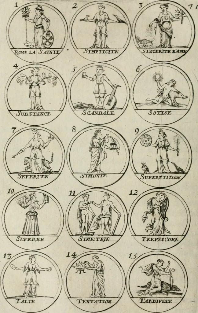 An illustration from Essay d'un dictionnaire contenant la connoissance du monde, des sciences universelles, et particulierement celle des medailles, des passions, des moeurs, des vertus et des vices, &c. ; representé par des figures hyerogliphiques, expliquées en prose & en vers, 1700, leaf 127