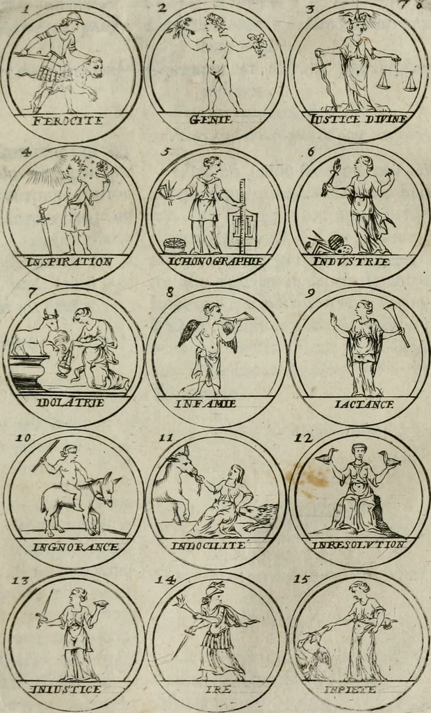 An illustration from Essay d'un dictionnaire contenant la connoissance du monde, des sciences universelles, et particulierement celle des medailles, des passions, des moeurs, des vertus et des vices, &c. ; representé par des figures hyerogliphiques, expliquées en prose & en vers, 1700, leaf 138