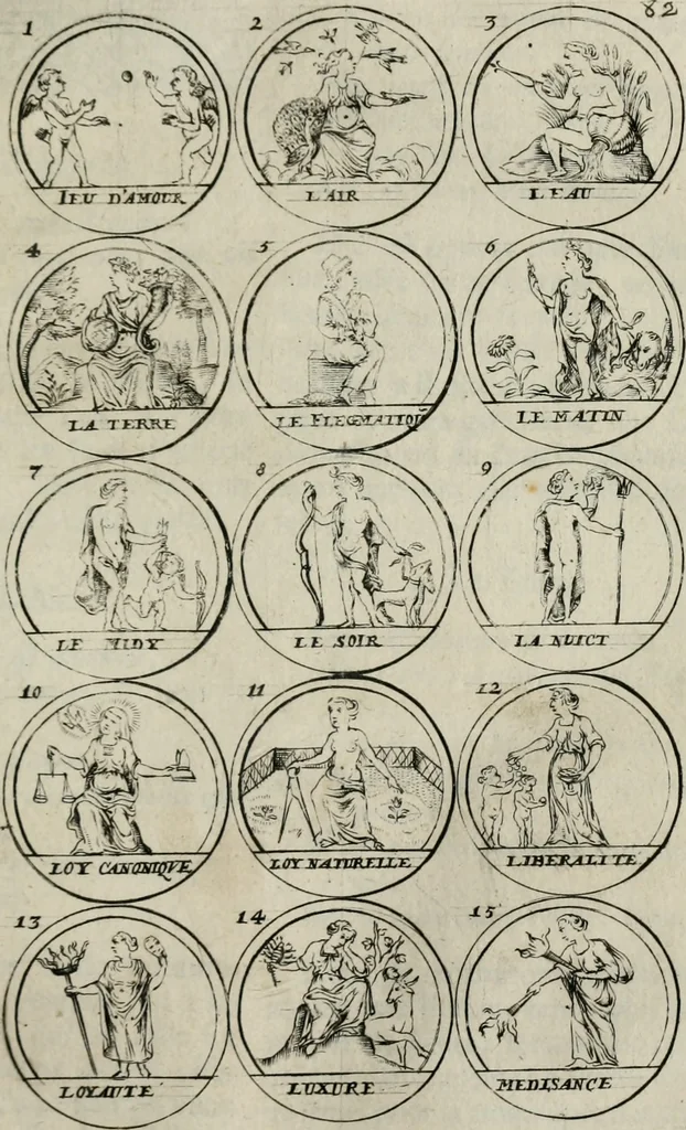 An illustration from Essay d'un dictionnaire contenant la connoissance du monde, des sciences universelles, et particulierement celle des medailles, des passions, des moeurs, des vertus et des vices, &c. ; representé par des figures hyerogliphiques, expliquées en prose & en vers, 1700, leaf 144