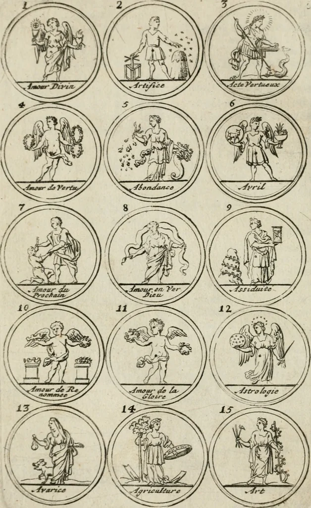 An illustration from Essay d'un dictionnaire contenant la connoissance du monde, des sciences universelles, et particulierement celle des medailles, des passions, des moeurs, des vertus et des vices, &c. ; representé par des figures hyerogliphiques, expliquées en prose & en vers, 1700, leaf 15