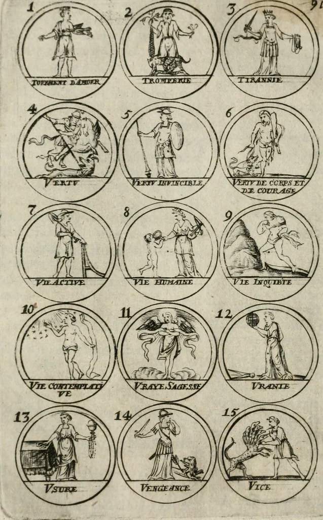 An illustration from Essay d'un dictionnaire contenant la connoissance du monde, des sciences universelles, et particulierement celle des medailles, des passions, des moeurs, des vertus et des vices, &c. ; representé par des figures hyerogliphiques, expliquées en prose & en vers, 1700, leaf 157