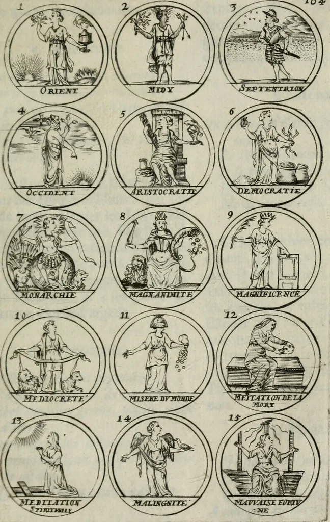 An illustration from Essay d'un dictionnaire contenant la connoissance du monde, des sciences universelles, et particulierement celle des medailles, des passions, des moeurs, des vertus et des vices, &c. ; representé par des figures hyerogliphiques, expliquées en prose & en vers, 1700, leaf 174