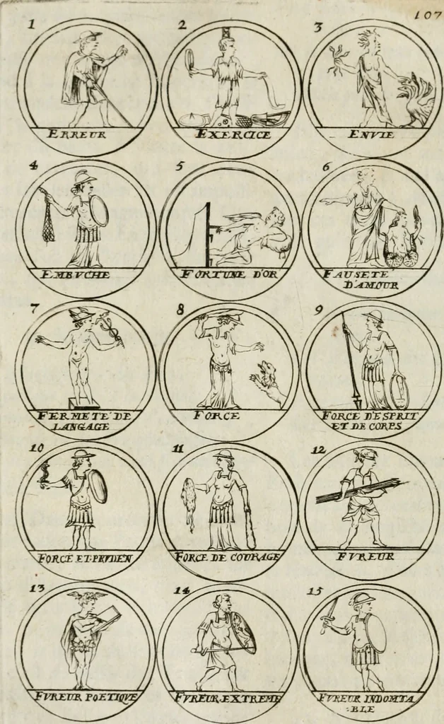 An illustration from Essay d'un dictionnaire contenant la connoissance du monde, des sciences universelles, et particulierement celle des medailles, des passions, des moeurs, des vertus et des vices, &c. ; representé par des figures hyerogliphiques, expliquées en prose & en vers, 1700, leaf 179