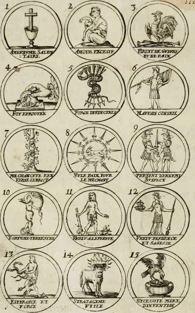 An illustration from Essay d'un dictionnaire contenant la connoissance du monde, des sciences universelles, et particulierement celle des medailles, des passions, des moeurs, des vertus et des vices, &c. ; representé par des figures hyerogliphiques, expliquées en prose & en vers, 1700, leaf 185