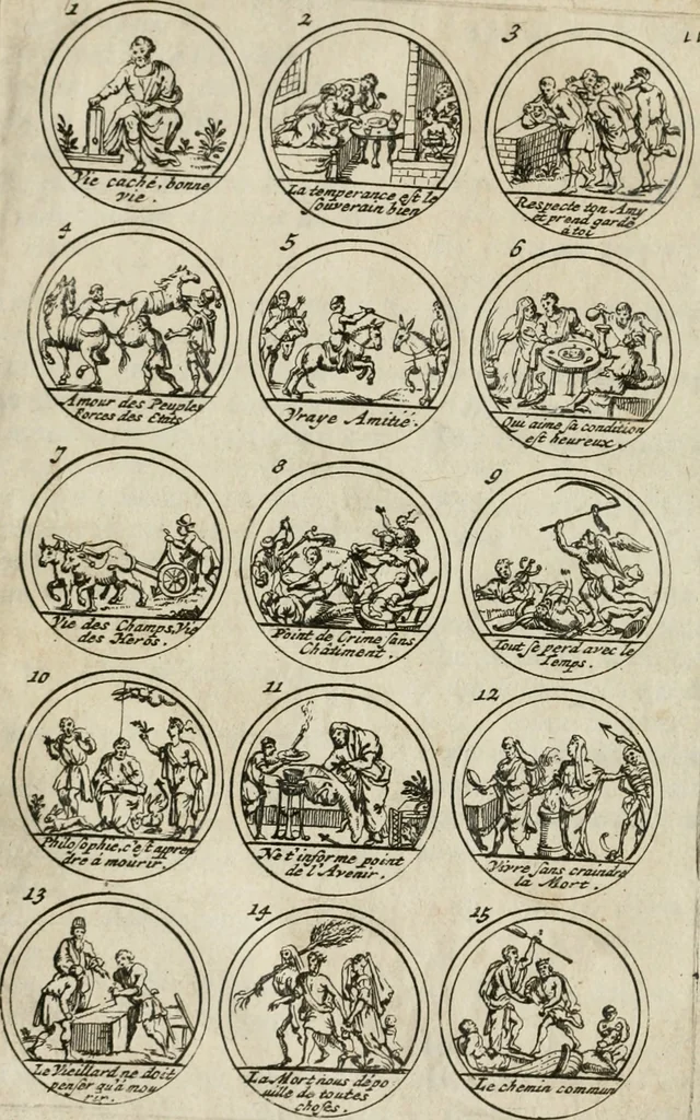 An illustration from Essay d'un dictionnaire contenant la connoissance du monde, des sciences universelles, et particulierement celle des medailles, des passions, des moeurs, des vertus et des vices, &c. ; representé par des figures hyerogliphiques, expliquées en prose & en vers, 1700, leaf 199