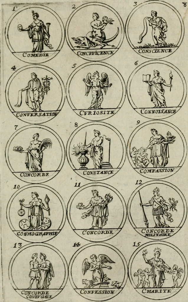 An illustration from Essay d'un dictionnaire contenant la connoissance du monde, des sciences universelles, et particulierement celle des medailles, des passions, des moeurs, des vertus et des vices, &c. ; representé par des figures hyerogliphiques, expliquées en prose & en vers, 1700, leaf 24