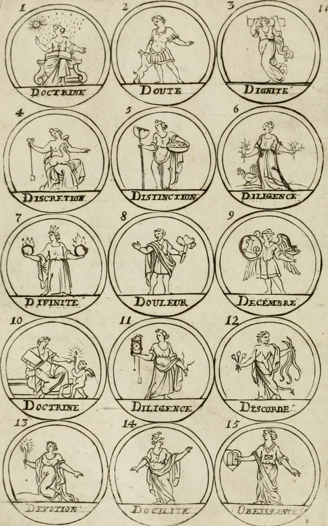 An illustration from Essay d'un dictionnaire contenant la connoissance du monde, des sciences universelles, et particulierement celle des medailles, des passions, des moeurs, des vertus et des vices, &c. ; representé par des figures hyerogliphiques, expliquées en prose & en vers, 1700, leaf 29