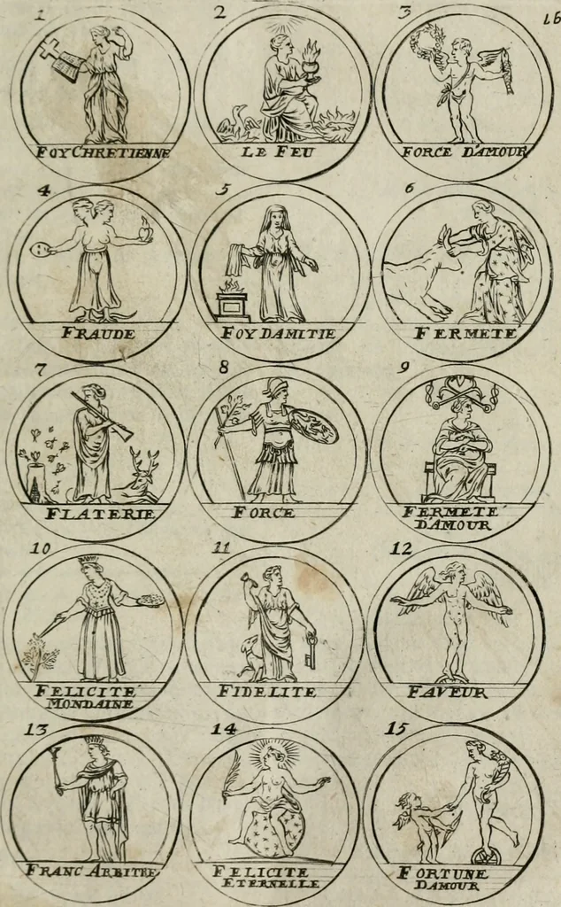 An illustration from Essay d'un dictionnaire contenant la connoissance du monde, des sciences universelles, et particulierement celle des medailles, des passions, des moeurs, des vertus et des vices, &c. ; representé par des figures hyerogliphiques, expliquées en prose & en vers, 1700, leaf 38
