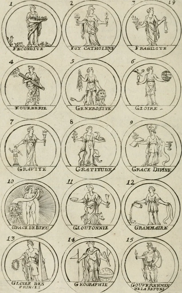 An illustration from Essay d'un dictionnaire contenant la connoissance du monde, des sciences universelles, et particulierement celle des medailles, des passions, des moeurs, des vertus et des vices, &c. ; representé par des figures hyerogliphiques, expliquées en prose & en vers, 1700, leaf 43