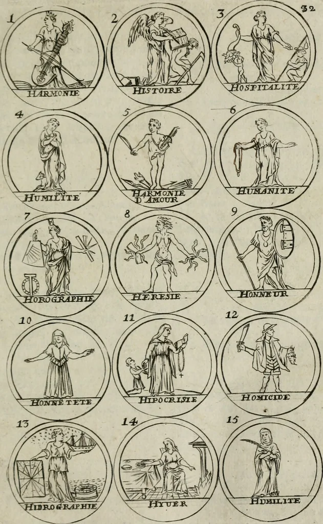 An illustration from Essay d'un dictionnaire contenant la connoissance du monde, des sciences universelles, et particulierement celle des medailles, des passions, des moeurs, des vertus et des vices, &c. ; representé par des figures hyerogliphiques, expliquées en prose & en vers, 1700, leaf 48