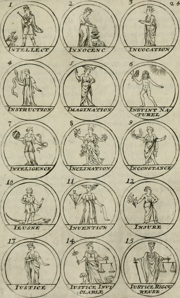An illustration from Essay d'un dictionnaire contenant la connoissance du monde, des sciences universelles, et particulierement celle des medailles, des passions, des moeurs, des vertus et des vices, &c. ; representé par des figures hyerogliphiques, expliquées en prose & en vers, 1700, leaf 52
