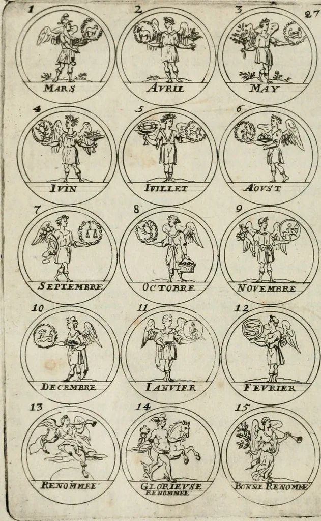 An illustration from Essay d'un dictionnaire contenant la connoissance du monde, des sciences universelles, et particulierement celle des medailles, des passions, des moeurs, des vertus et des vices, &c. ; representé par des figures hyerogliphiques, expliquées en prose & en vers, 1700, leaf 57