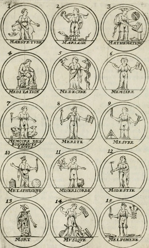 An illustration from Essay d'un dictionnaire contenant la connoissance du monde, des sciences universelles, et particulierement celle des medailles, des passions, des moeurs, des vertus et des vices, &c. ; representé par des figures hyerogliphiques, expliquées en prose & en vers, 1700, leaf 71