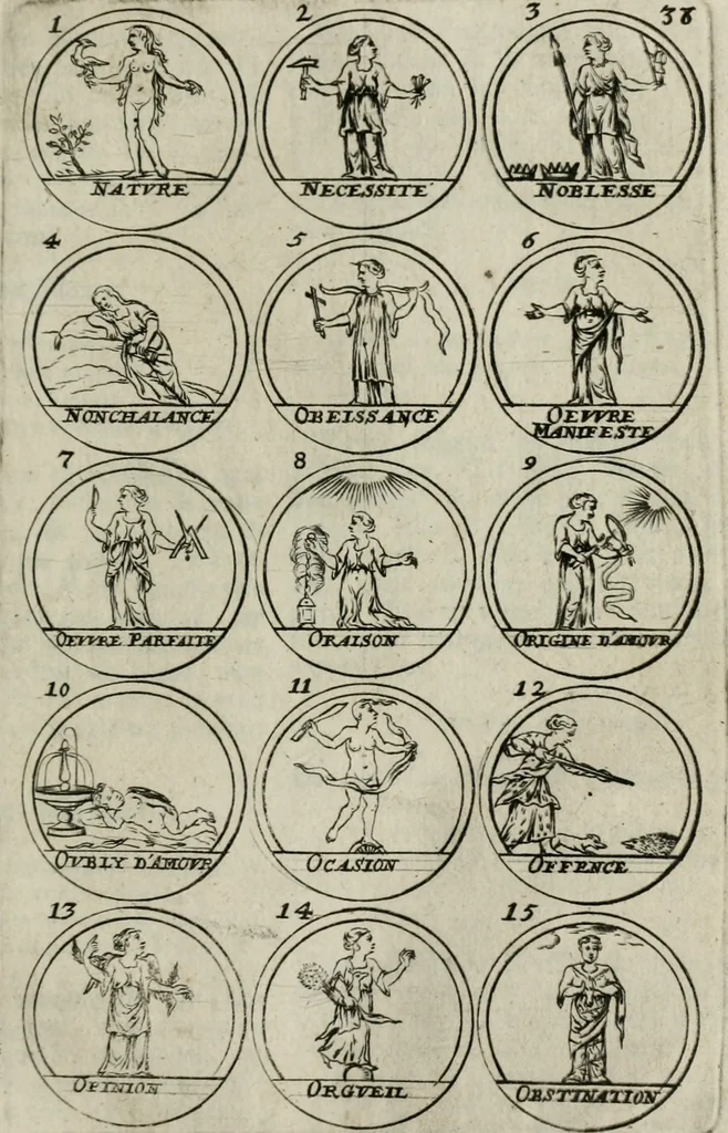 An illustration from Essay d'un dictionnaire contenant la connoissance du monde, des sciences universelles, et particulierement celle des medailles, des passions, des moeurs, des vertus et des vices, &c. ; representé par des figures hyerogliphiques, expliquées en prose & en vers, 1700, leaf 76