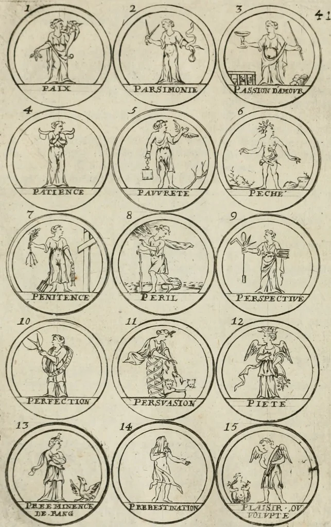 An illustration from Essay d'un dictionnaire contenant la connoissance du monde, des sciences universelles, et particulierement celle des medailles, des passions, des moeurs, des vertus et des vices, &c. ; representé par des figures hyerogliphiques, expliquées en prose & en vers, 1700, leaf 81