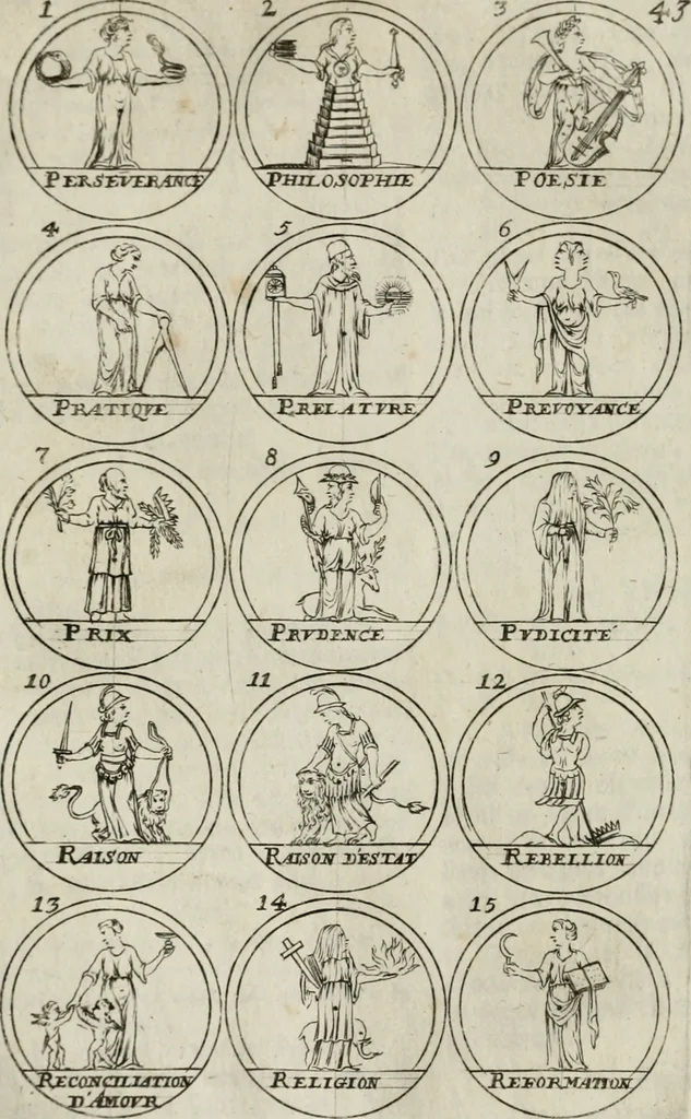 An illustration from Essay d'un dictionnaire contenant la connoissance du monde, des sciences universelles, et particulierement celle des medailles, des passions, des moeurs, des vertus et des vices, &c. ; representé par des figures hyerogliphiques, expliquées en prose & en vers, 1700, leaf 85