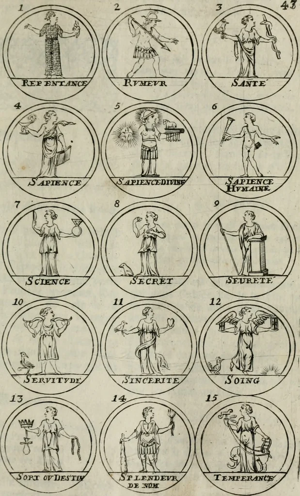 An illustration from Essay d'un dictionnaire contenant la connoissance du monde, des sciences universelles, et particulierement celle des medailles, des passions, des moeurs, des vertus et des vices, &c. ; representé par des figures hyerogliphiques, expliquées en prose & en vers, 1700, leaf 90