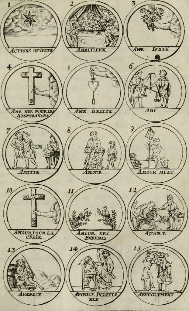 An illustration from Essay d'un dictionnaire contenant la connoissance du monde, des sciences universelles, et particulierement celle des medailles, des passions, des moeurs, des vertus et des vices, &c. ; representé par des figures hyerogliphiques, expliquées en prose & en vers, 1700, leaf 96