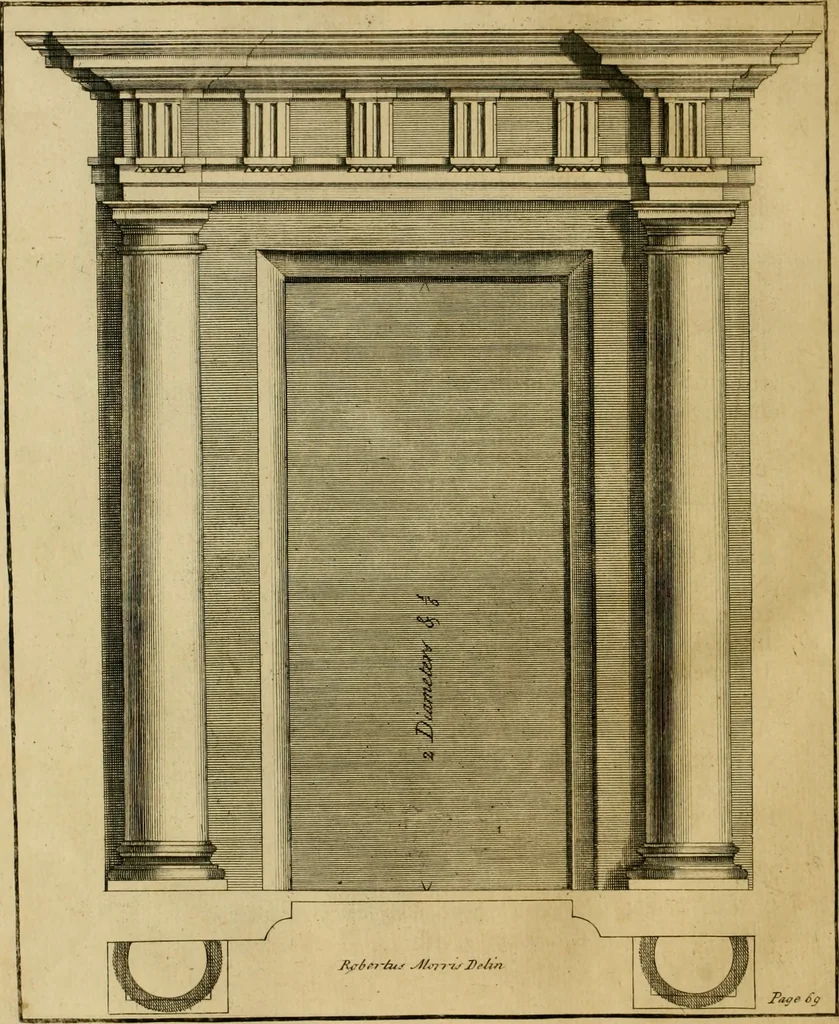 An illustration from An essay in defence of ancient architecture, or, A parallel of the ancient buildings with the modern : shewing the beauty and harmony of the former, and the irregularity of the latter ; with impartial reflections on the reasons of the abuses introduced by our present builders ; to which is annexed an inspectional table, universally useful ; illustrated with sixteen copper-plates, 1728, leaf 115
