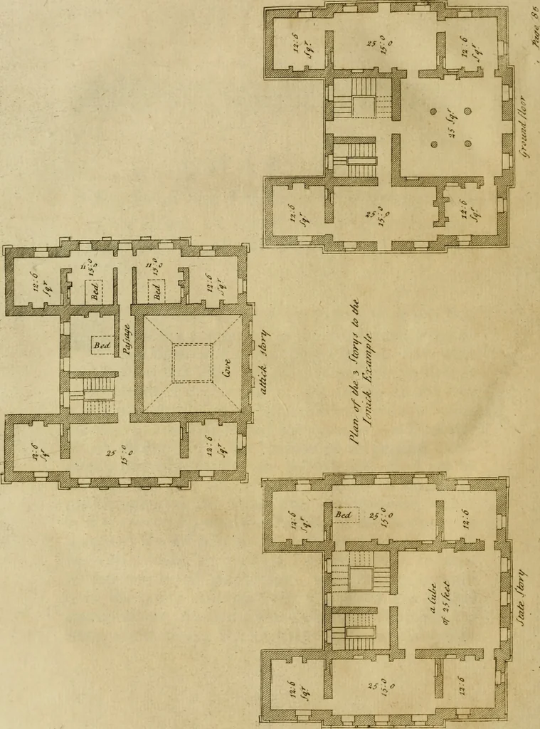 An illustration from An essay in defence of ancient architecture, or, A parallel of the ancient buildings with the modern : shewing the beauty and harmony of the former, and the irregularity of the latter ; with impartial reflections on the reasons of the abuses introduced by our present builders ; to which is annexed an inspectional table, universally useful ; illustrated with sixteen copper-plates, 1728, leaf 135