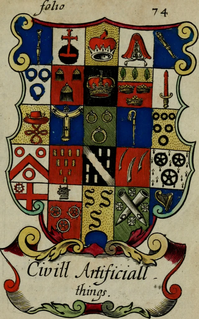 An illustration from An essay to heraldry in two parts. The first containing ... the body of heraldry: the second, honour civil and military; being a treatise of the nobility and gentry of England ... The whole illustrated with variety of ... sculptures .., 1684, leaf 118