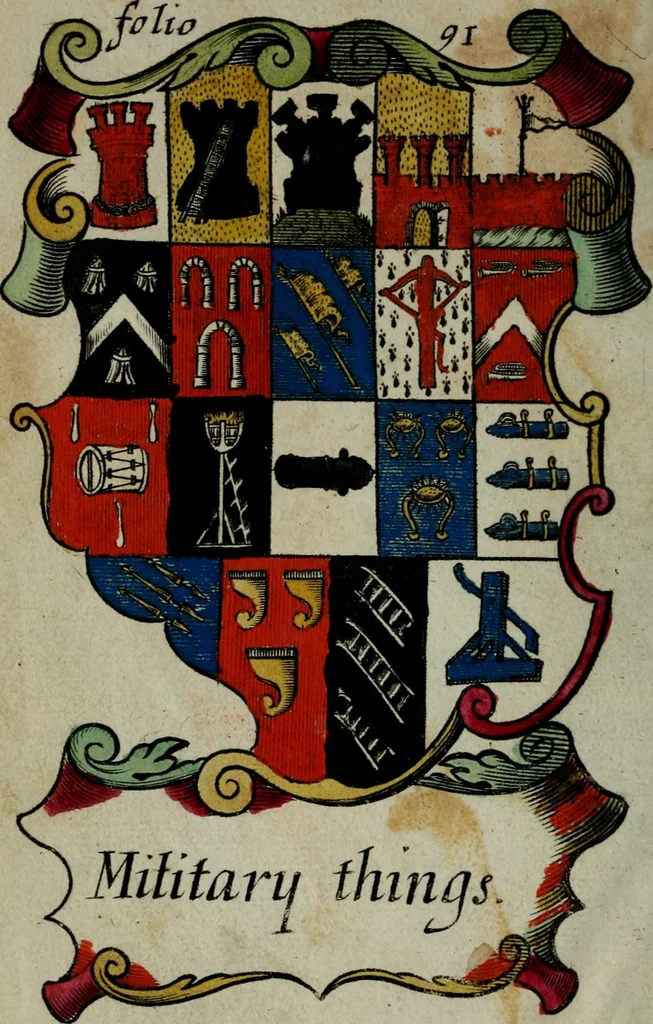 An illustration from An essay to heraldry in two parts. The first containing ... the body of heraldry: the second, honour civil and military; being a treatise of the nobility and gentry of England ... The whole illustrated with variety of ... sculptures .., 1684, leaf 141