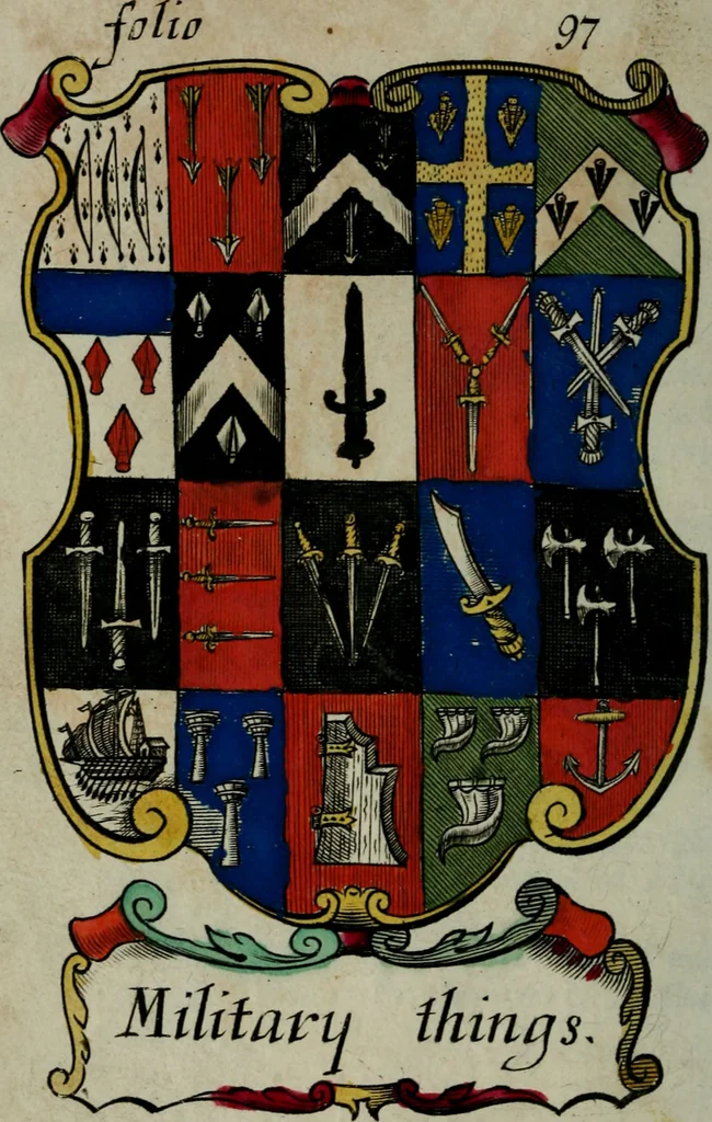 An illustration from An essay to heraldry in two parts. The first containing ... the body of heraldry: the second, honour civil and military; being a treatise of the nobility and gentry of England ... The whole illustrated with variety of ... sculptures .., 1684, leaf 149