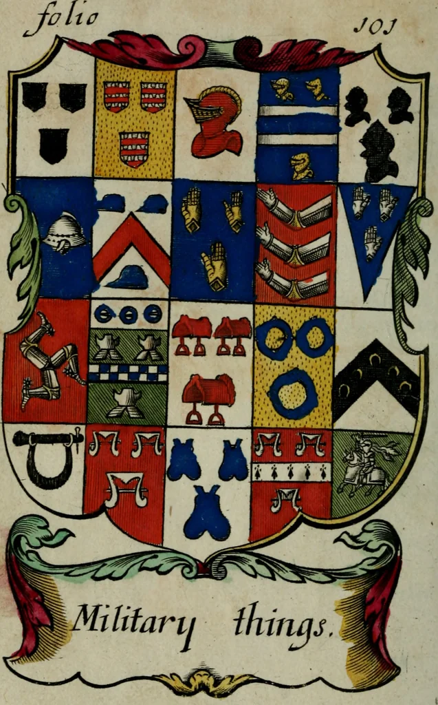 An illustration from An essay to heraldry in two parts. The first containing ... the body of heraldry: the second, honour civil and military; being a treatise of the nobility and gentry of England ... The whole illustrated with variety of ... sculptures .., 1684, leaf 155
