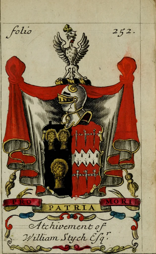 An illustration from An essay to heraldry in two parts. The first containing ... the body of heraldry: the second, honour civil and military; being a treatise of the nobility and gentry of England ... The whole illustrated with variety of ... sculptures .., 1684, leaf 360