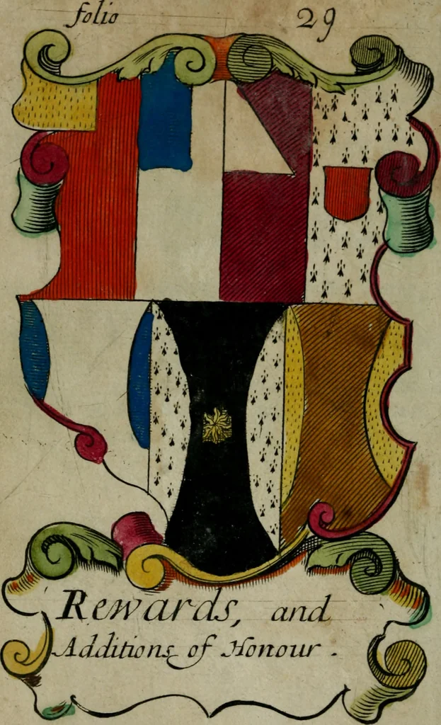 An illustration from An essay to heraldry in two parts. The first containing ... the body of heraldry: the second, honour civil and military; being a treatise of the nobility and gentry of England ... The whole illustrated with variety of ... sculptures .., 1684, leaf 47