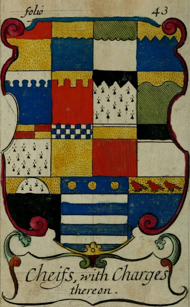 An illustration from An essay to heraldry in two parts. The first containing ... the body of heraldry: the second, honour civil and military; being a treatise of the nobility and gentry of England ... The whole illustrated with variety of ... sculptures .., 1684, leaf 65