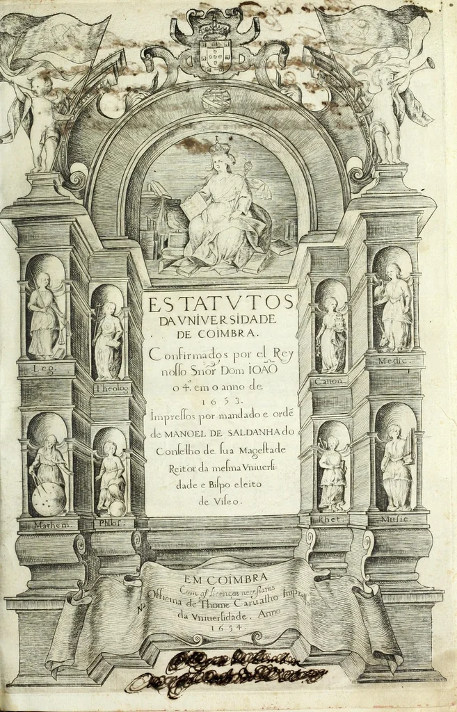 An illustration from Estatutos da Vniversidade de Coimbra : confirmados por el Rey nosso Snor. Dom Ioaõ o 4. em o anno de 1653, 1654, leaf 7