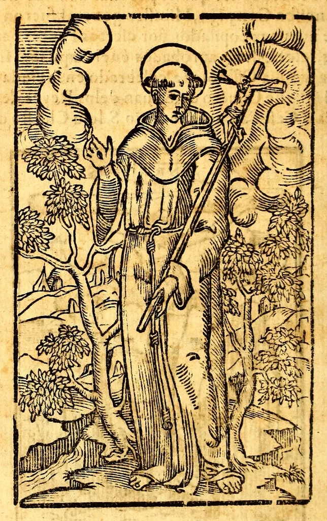 An illustration from Estatutos generles [sic] de Barcelona, para la familia Cismontana, de la orden de nuestro seraphico padre. S. Francisco : los quales por mandado de nuestro. R.P.F. Francisco Gonçaga, ministro general, fueron reformados y de nueuo recopilados,, 1585, leaf 6