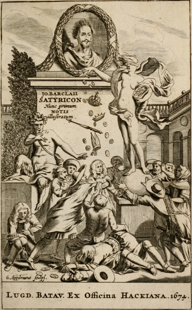 An illustration from Euphormionis Lusinini, sive, Jo. Barclaii, Satyricon, 1674, leaf 6
