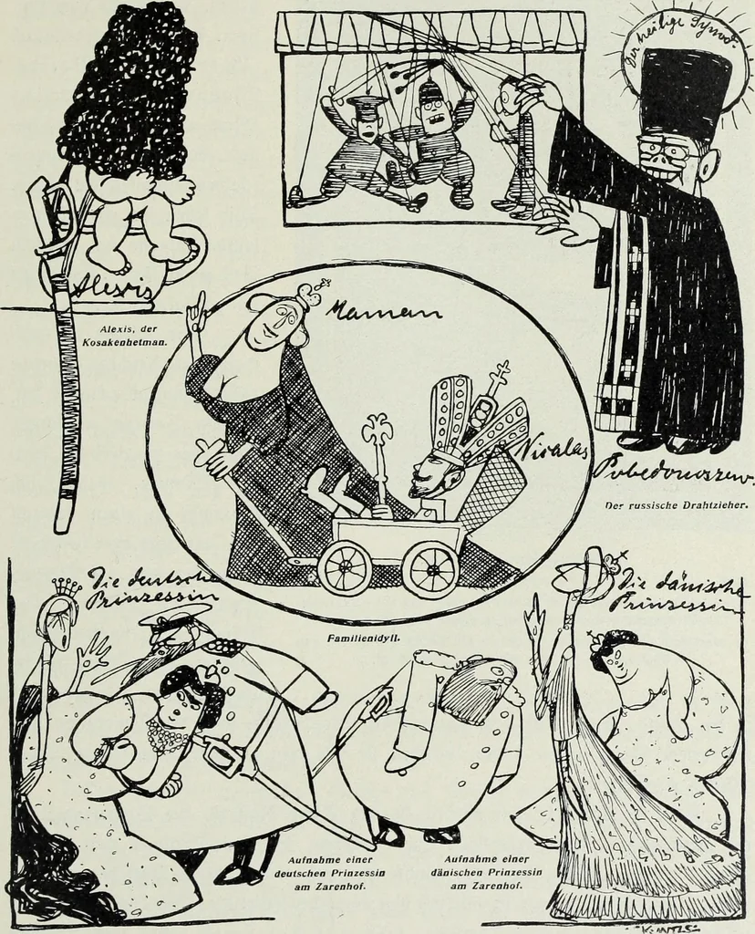 An illustration from Europas Fürsten im Sittenspiegel der Karikatur, mit 468 Textillustrationen und 72 farbigen Kunstblättern nach seltenen und amüsanten Karikaturen, aus allen Ländern und Zeitepochen, 1908, leaf 149