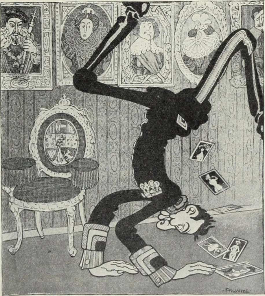 An illustration from Europas Fürsten im Sittenspiegel der Karikatur, mit 468 Textillustrationen und 72 farbigen Kunstblättern nach seltenen und amüsanten Karikaturen, aus allen Ländern und Zeitepochen, 1908, leaf 17