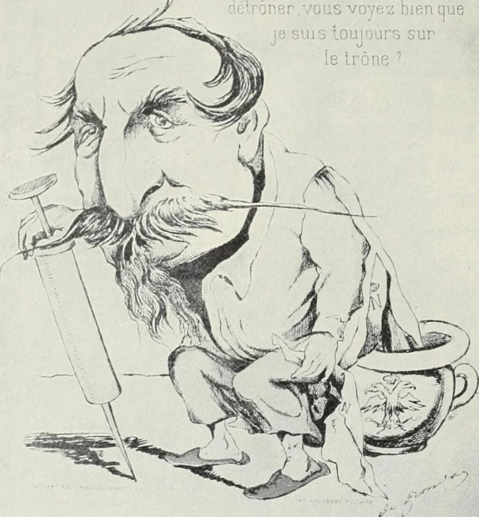 An illustration from Europas Fürsten im Sittenspiegel der Karikatur, mit 468 Textillustrationen und 72 farbigen Kunstblättern nach seltenen und amüsanten Karikaturen, aus allen Ländern und Zeitepochen, 1908, leaf 18