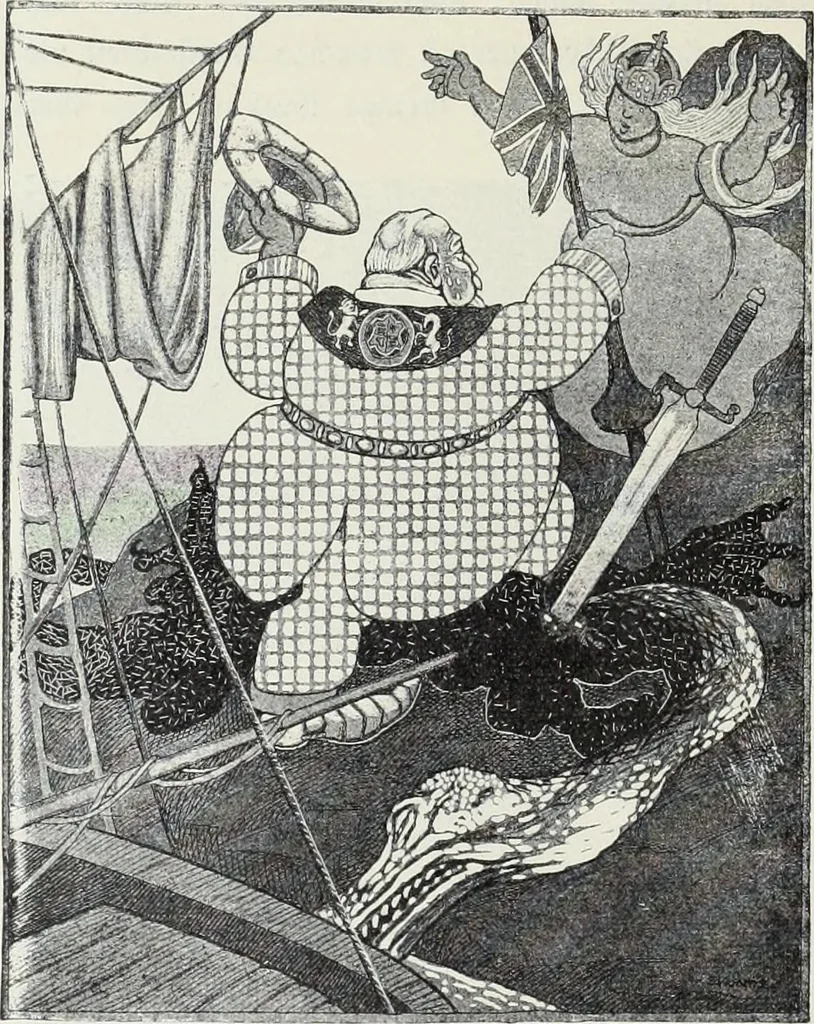 An illustration from Europas Fürsten im Sittenspiegel der Karikatur, mit 468 Textillustrationen und 72 farbigen Kunstblättern nach seltenen und amüsanten Karikaturen, aus allen Ländern und Zeitepochen, 1908, leaf 246