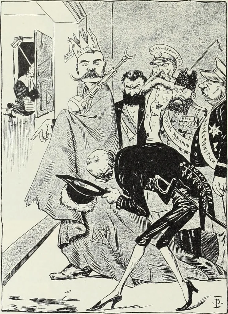 An illustration from Europas Fürsten im Sittenspiegel der Karikatur, mit 468 Textillustrationen und 72 farbigen Kunstblättern nach seltenen und amüsanten Karikaturen, aus allen Ländern und Zeitepochen, 1908, leaf 256