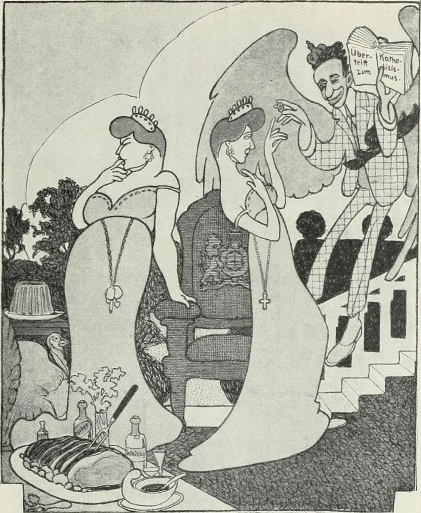 An illustration from Europas Fürsten im Sittenspiegel der Karikatur, mit 468 Textillustrationen und 72 farbigen Kunstblättern nach seltenen und amüsanten Karikaturen, aus allen Ländern und Zeitepochen, 1908, leaf 285
